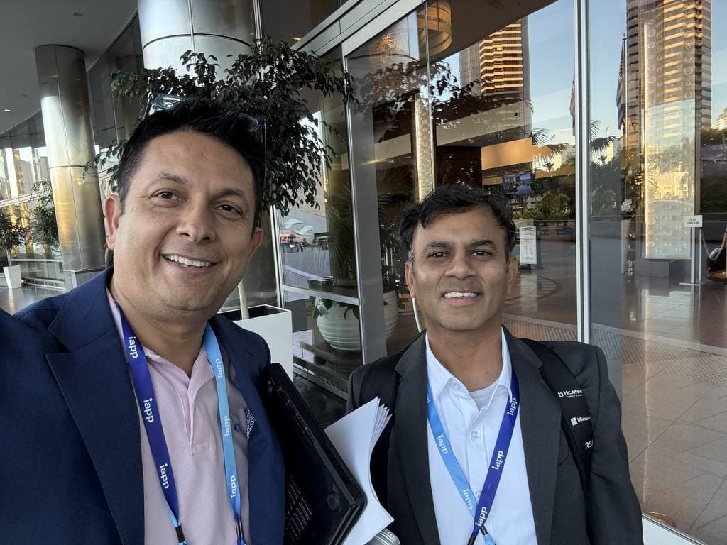 Aruneesh Salhotra with a colleague outside the IAPP PSR 2025 venue in San Diego