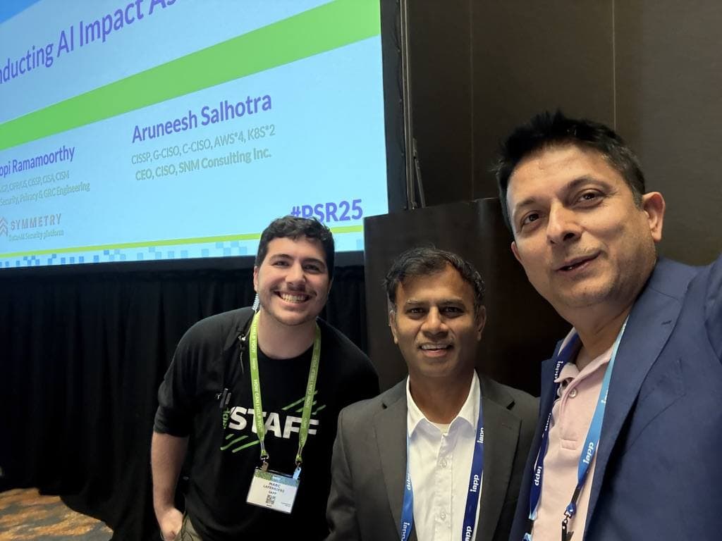 Aruneesh Salhotra in front of the "Conducting AI Impact Assessments" title slide at IAPP PSR 2025