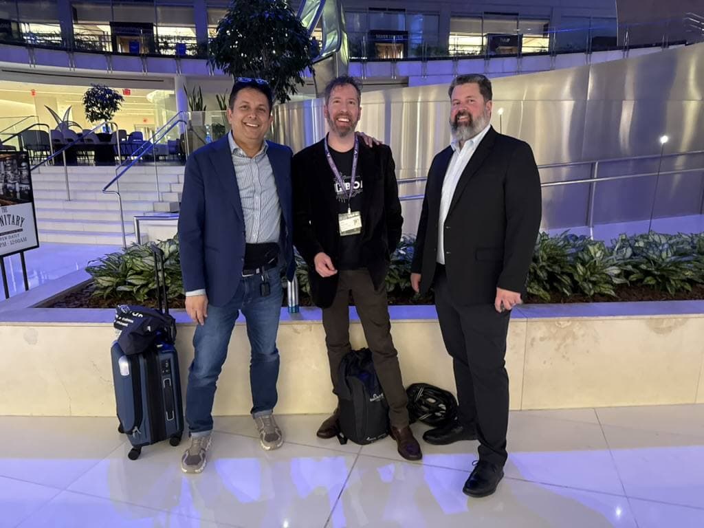 Aruneesh Salhotra with colleagues in the OWASP Global AppSec USA 2025 conference hotel lobby