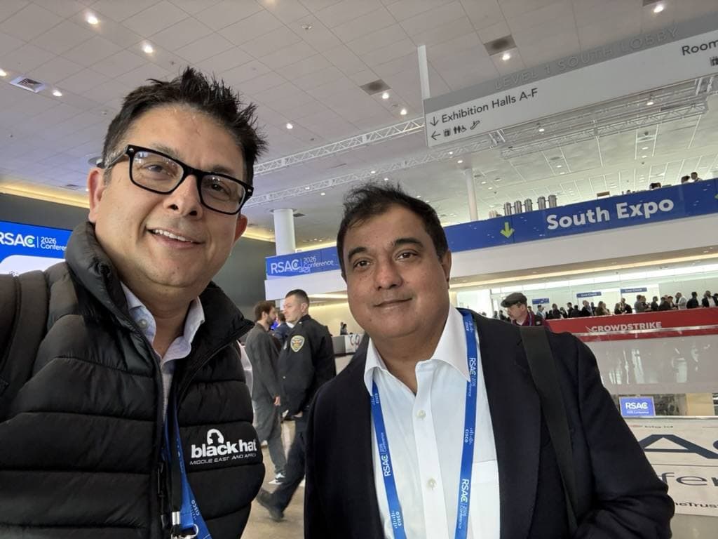 Aruneesh Salhotra with a colleague near the RSAC 2026 South Expo