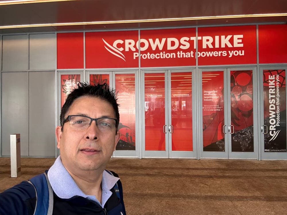 Aruneesh Salhotra outside the CrowdStrike booth at RSA Conference 2023